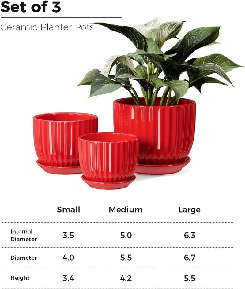 Ton Sin Ceramic Plant Pots - 4/5/6 Inch Red Planters Set of 3 with Drainage Holes and Saucer - Indoor Flower Pots for Plants Ceramic Planters for Indoor Gardening Succulent Pots - Image 3
